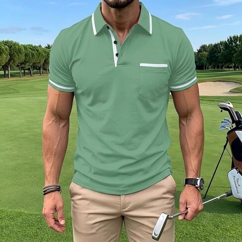 Men's Polo Shirts Short Sleeve Casual Athletic Polo T Shirt Color Block Slim Fit Golf Shirts with Pocket in Saudi Arabia