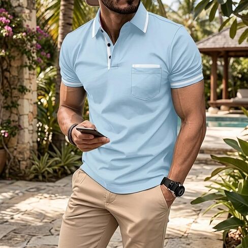 Men's Polo Shirts Short Sleeve Casual Athletic Polo T Shirt Color Block Slim Fit Golf Shirts with Pocket in Kuwait
