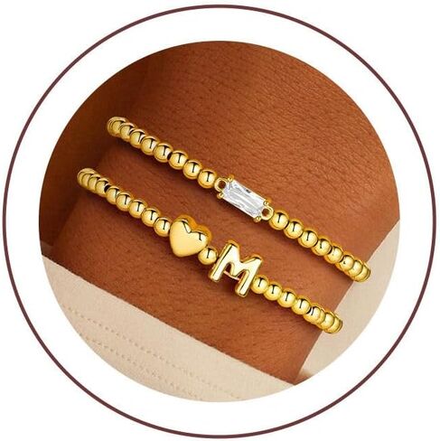 Turandoss Easter Basket Stuffers for Women – Dainty 14K Gold Plated Heart Initial A-Z Charm Birthstone Bracelets, Stackable Strand Bead Ball Bracelet Jewelry Birthday Easter Gifts in Saudi Arabia