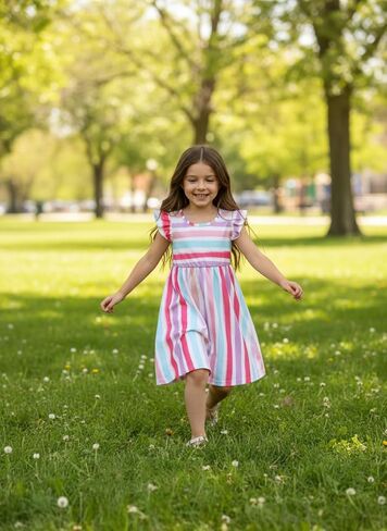 Girls Dress 3 Pcs Short Sleeve Ruffle Swing Flowy A-Line Sundress Summer Spring in Saudi Arabia