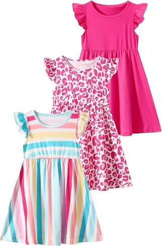 Girls Dress 3 Pcs Short Sleeve Ruffle Swing Flowy A-Line Sundress Summer Spring in Saudi Arabia