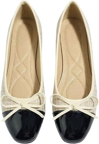 MakeMeChic Women's Bow Knot Polka Dots Flat Shoes Beaded Closed Toe PU Leather Fall Flats in Saudi Arabia