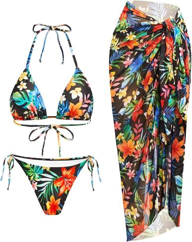Women's 3 Piece Swimsuit - Sexy Triangle Halter Bikini Sets with Sarong Cover Up String Tie Side Bathing Suits 2026 in Saudi Arabia