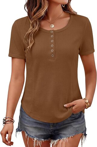 Women's Waffle Knit Tops Short Sleeve Button Henley Shirts Business Casual Blouses Lightweight Summer Top 2026 in Saudi Arabia