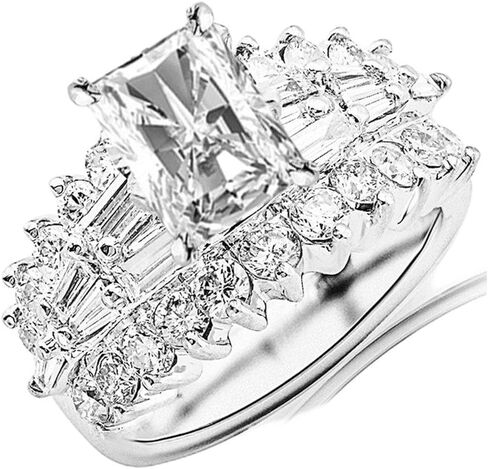 14K White Gold 3.5 Carat LAB GROWN DIAMOND Exquisite Prong Set Bageutte And Round Radiant Cut Diamond Engagement Ring (G-H Color VS1-VS2 Clarity 1.5 Ct Center) in Saudi Arabia