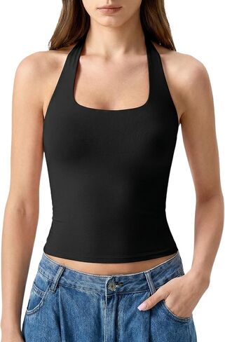 QINSEN Womens Halter Top Double Lined Tank Top Sleeveless Open Back Slim fit Going Out Tops in Saudi Arabia