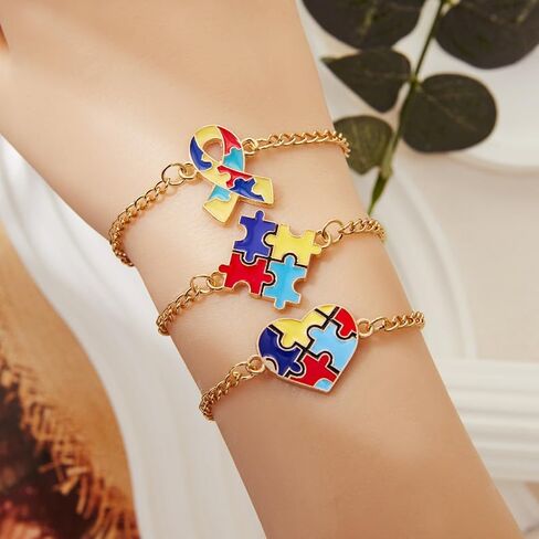 coadipress 3 Pcs Autism Awareness Bracelets Colorful Puzzle Heart Ribbon Charm Bracelets Crystal Beaded Chain Stretchable Jewelry for Autism Support Gifts for ASD Advocates in Saudi Arabia