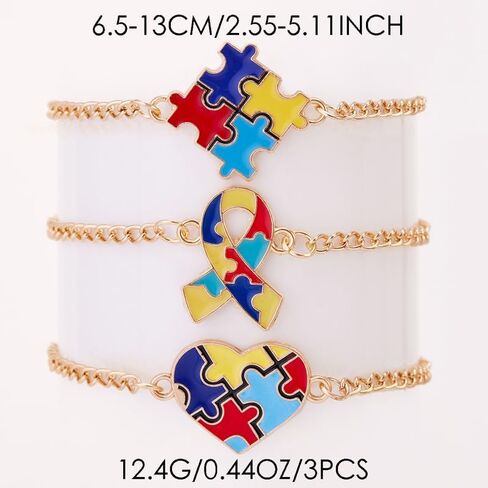 coadipress 3 Pcs Autism Awareness Bracelets Colorful Puzzle Heart Ribbon Charm Bracelets Crystal Beaded Chain Stretchable Jewelry for Autism Support Gifts for ASD Advocates in Saudi Arabia
