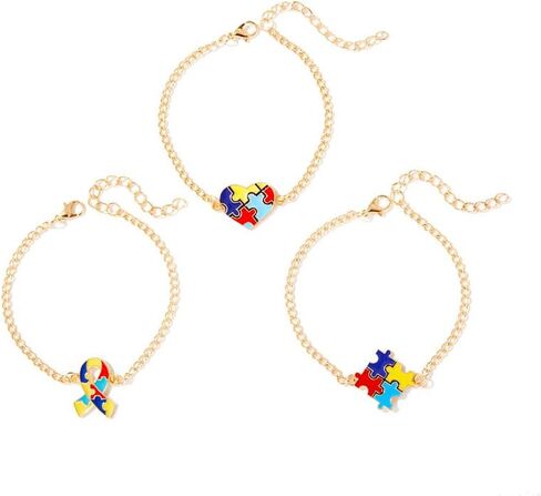 coadipress 3 Pcs Autism Awareness Bracelets Colorful Puzzle Heart Ribbon Charm Bracelets Crystal Beaded Chain Stretchable Jewelry for Autism Support Gifts for ASD Advocates in Saudi Arabia