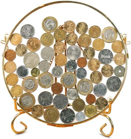 WANLIAN Coin Display Stand with Gold Frame, Coin Display Stand, Wall + Iron Shelf Coin Collector's Stand, Currency Dollar Collector's Stand for Collectors, Glass Savings Jar (Round) in Saudi Arabia