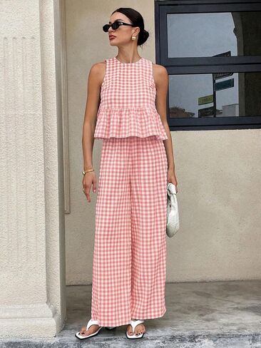 Women Boho Gingham Set - Ruffle Trim Co-Ord for Vacation & Summer in Saudi Arabia