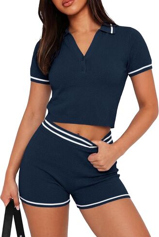 TQD Tennis Workout Sets for Women 2 Piece Athletic Shorts Set Short Sleeve Matching Knit Lounge Casual Outfits Trendy 2026 in Saudi Arabia