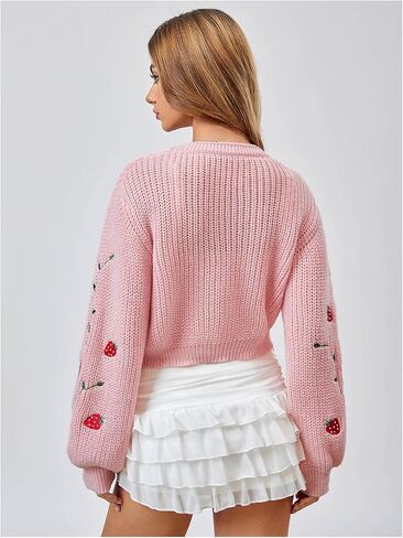 MakeMeChic Women's Strawberry Embroidery Lantern Sleeve V Neck Button Down Cardigan Knit Tops in Saudi Arabia