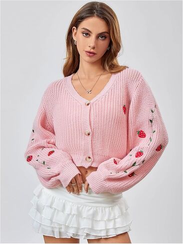 MakeMeChic Women's Strawberry Embroidery Lantern Sleeve V Neck Button Down Cardigan Knit Tops in Saudi Arabia