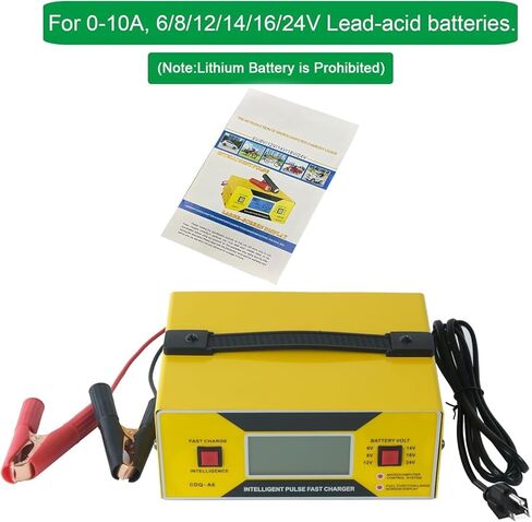 6/8/12/14/16/24V Battery Charger Automotive 0-10A, Smart Car Golf Cart Battery Charger, Maintainer and Automatic Charger with Cable Clamps, Suitable for Lead-Acid Batteries (Yellow with Handle) in Saudi Arabia