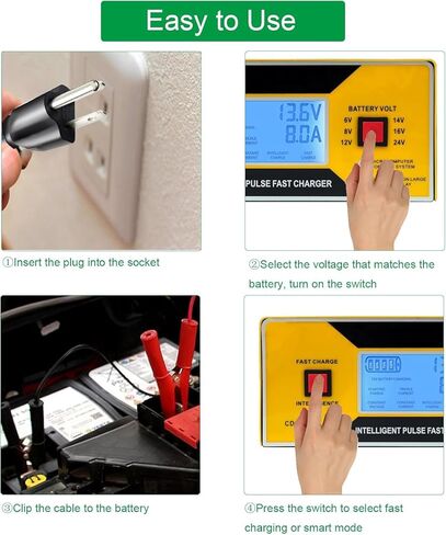 6/8/12/14/16/24V Battery Charger Automotive 0-10A, Smart Car Golf Cart Battery Charger, Maintainer and Automatic Charger with Cable Clamps, Suitable for Lead-Acid Batteries (Yellow with Handle) in Saudi Arabia