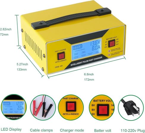 6/8/12/14/16/24V Battery Charger Automotive 0-10A, Smart Car Golf Cart Battery Charger, Maintainer and Automatic Charger with Cable Clamps, Suitable for Lead-Acid Batteries (Yellow with Handle) in Saudi Arabia