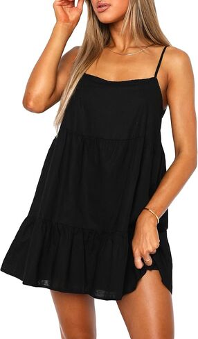 فستان بيبي دول للنساء بحزام سباغيتي فستان متأرجح بدون أكمام قصير فضفاض فستان صيفي فضفاض in Kuwait