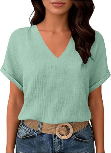 Womens Summer Gauze Blouses Crinkle Texture V Neck Short Sleeve Pullover Shirts Solid Color Work Camping Outfits Top in Saudi Arabia