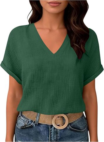Womens Summer Gauze Blouses Crinkle Texture V Neck Short Sleeve Pullover Shirts Solid Color Work Camping Outfits Top in Saudi Arabia