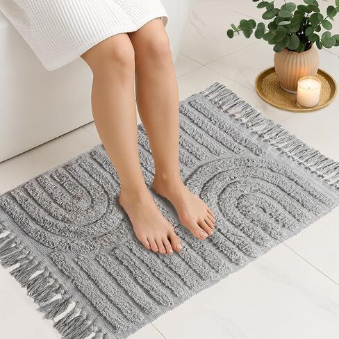 Luxury Boho Bath Mat, Non Slip Bathroom Mat with Tassels - Soft 100% Cotton Rug 2 x 3 ft. Modern Boho Rug, Machine Washable, Hand Woven. Blends with Any Home Decor - Light Gray 60 x 90cm in Saudi Arabia