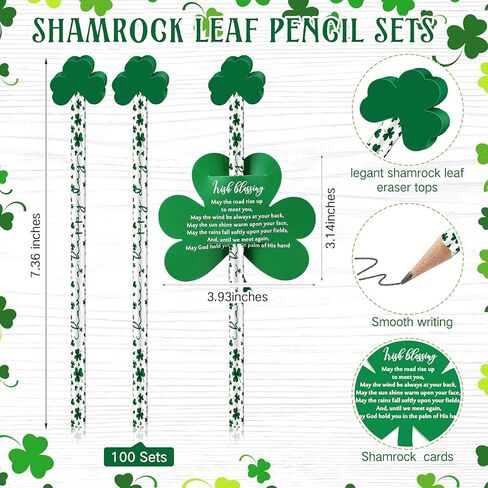 Zhanmai St. Patrick's Day Pencils with Erasers Shamrock Pencils with St. Patrick's Day Card, Green Erasers Shamrock Greeting Cards for Gift Prize Supplies(50 Sets) in Saudi Arabia