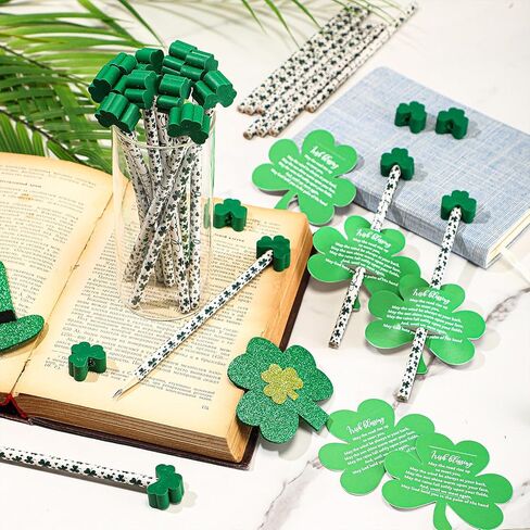 Zhanmai St. Patrick's Day Pencils with Erasers Shamrock Pencils with St. Patrick's Day Card, Green Erasers Shamrock Greeting Cards for Gift Prize Supplies(50 Sets) in Saudi Arabia