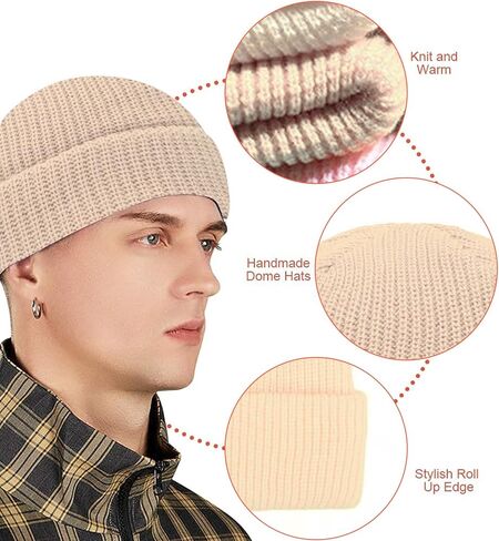 Wool Knit Cuff Short Fisherman Beanie, Winter Warm Knit Hats for Men Women in Saudi Arabia