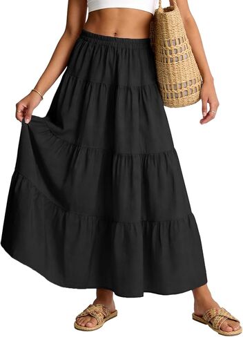 Flygo Flowy Maxi Skirts for Women Summer Tiered Boho A Line Skirt Pleated High Elastic Waisted Flared Ruffle Long Skirts in Saudi Arabia