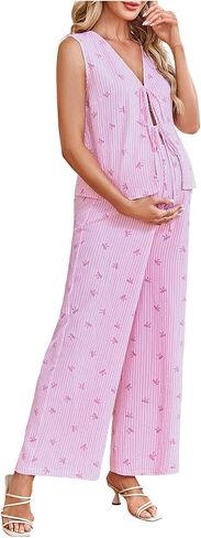 MakeMeChic Women's Boho Maternity 2 Piece Striped Outfits Bow Print Tie Front Tank Top and Pants Pregnancy Set in Saudi Arabia