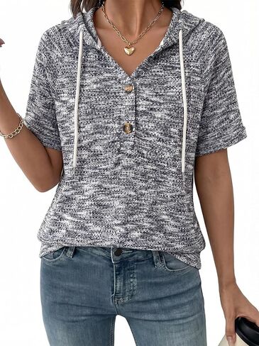 Dokotoo Womens Summer Tops 2026 Short Sleeve Button V Neck Waffle Knit Lightweight Drawstring Hoodies Casual Blouses Shirts in Saudi Arabia