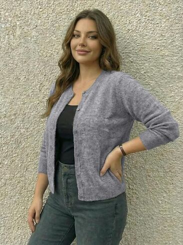 GORGLITTER Women's Plus Size Button Up Sweater Cardigans Fuzzy Crewneck Long Sleeve Knitwear in Saudi Arabia