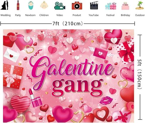 Galentine عصابة راية خلفية 7x5FT Galentines يوم الوردي مستحضرات التجميل الحب القلب التصوير خلفية عيد الحب الفتيات Bestie صديق موضوع حزب زينة صور الدعائم in Saudi Arabia