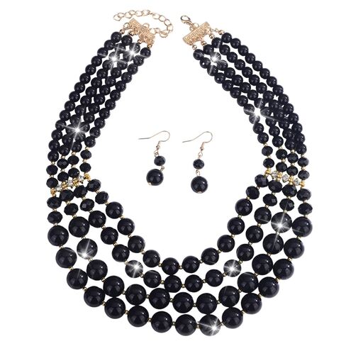 Missgrace Women Bride Boho 1920s Fashion Dainty Layered Black Pearl Beads Crystals Choker Necklace Long Pearl Dangle Earrings and Necklace Jewelry Set Prom Party Chunky Necklace for Women (Black) in Saudi Arabia