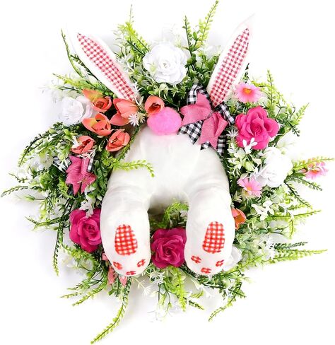 إكليل أرنب عيد الفصح، طقم تزيين باب الربيع، شريط ملون وتصميم زهور، 18 × 15.7 بوصة، لافتة ترحيب داخلية وخارجية in Kuwait