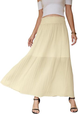 Bsubseach Chiffon Pleated Maxi Skirt for Women Elastic High Waist Flowy A line Casual Skirt 2026 Vacation Skirts in Saudi Arabia