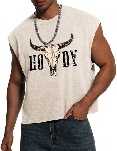 Men's Western Cowboy Crop Top Cow Skull Graphic Cropped Sleeveless T Shirt Country Concert Summer Tank Tops in Saudi Arabia