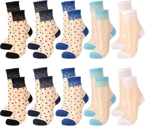 10 Pairs Sheer Socks Women Striped Plaid Mesh Dot Bow See Through Transparent Socks Summer in Saudi Arabia