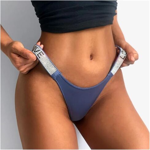 European and American Sexy Rhinestone Thong Underwear Fitness and Sports Hip Lifting Low Waist High Fork Fashion Thong(Black,1PC_XL) in Saudi Arabia