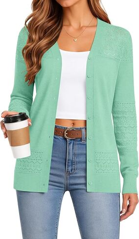 Jouica Women's Cardigan Sweaters 2025 Long Sleeve Cardigans for Women Lightweight Trendy Corchet Hollwed-Out V-Neck Sweater in Saudi Arabia