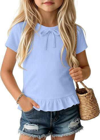 Girls' Short Sleeve Shirts Kids Casual Crew Neck Tunic Tops Bow Ruffle T Shirts Summer Cute Loose Tee 5-14Y in Saudi Arabia