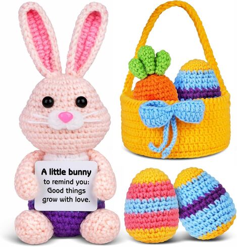 5 Pcs Finished Easter Positive Crochet Animals for Teen Girls & Adults Women, Handmade Filled Easter Basket with Crochet Bunny, Carrot, 2 Eggs, Easter Decoration Gifts Prefilled with Animal Stuffers in Saudi Arabia