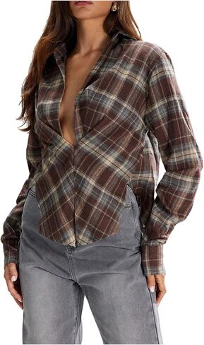 Milumia Women's Plaid Deep V Neck Collared Blouse Ruched Long Sleeve Casual Shirt Tops in Saudi Arabia