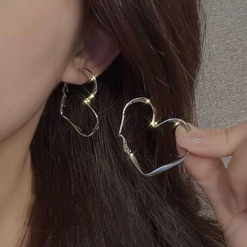 Big Heart Hoop Earrings Silver Heart Dangle Earrings Simple Heart Shaped Drop Earrings Vintage Love Heart Hypoallergenic Statement Earrings Jewelry for Women in Saudi Arabia