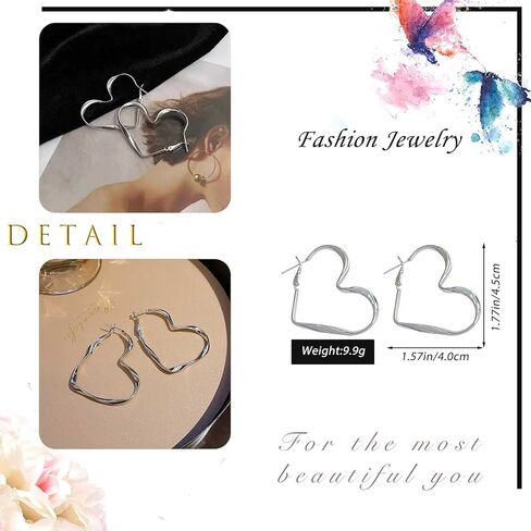 Big Heart Hoop Earrings Silver Heart Dangle Earrings Simple Heart Shaped Drop Earrings Vintage Love Heart Hypoallergenic Statement Earrings Jewelry for Women in Saudi Arabia