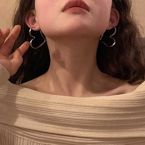 Big Heart Hoop Earrings Silver Heart Dangle Earrings Simple Heart Shaped Drop Earrings Vintage Love Heart Hypoallergenic Statement Earrings Jewelry for Women in Saudi Arabia
