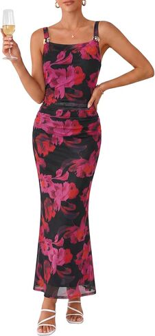 ZAFUL Women's Floral Wedding Guest Dress, Sexy Formal Sleeveless Cocktail Mesh Ruched Bodycon Maxi Party Long Summer Dresses in Saudi Arabia