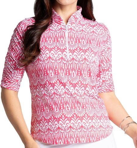 IBKUL Athleisure Wear Sun Protective UPF 50+ Icefil Cooling Barbara Print Ruched Elbow Length Sleeve Top 41086 in Saudi Arabia