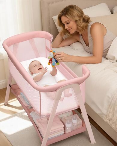 Baby Bassinet, Bedside Bassinet for Baby | Bassinet Bedside Sleeper with Mattress, Storage Basket and 4 Auto-Lock Wheels, Full-Mesh Sides, Bedside Mini Crib for Newborn in Saudi Arabia