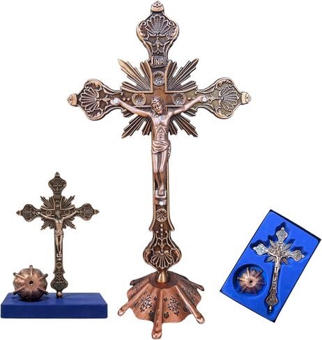 MTYIQS Standing Decorative Standing Crucifix, Antique Copper Finish, Ornate Victorian Style Cross with Base (BRONZE) in Saudi Arabia